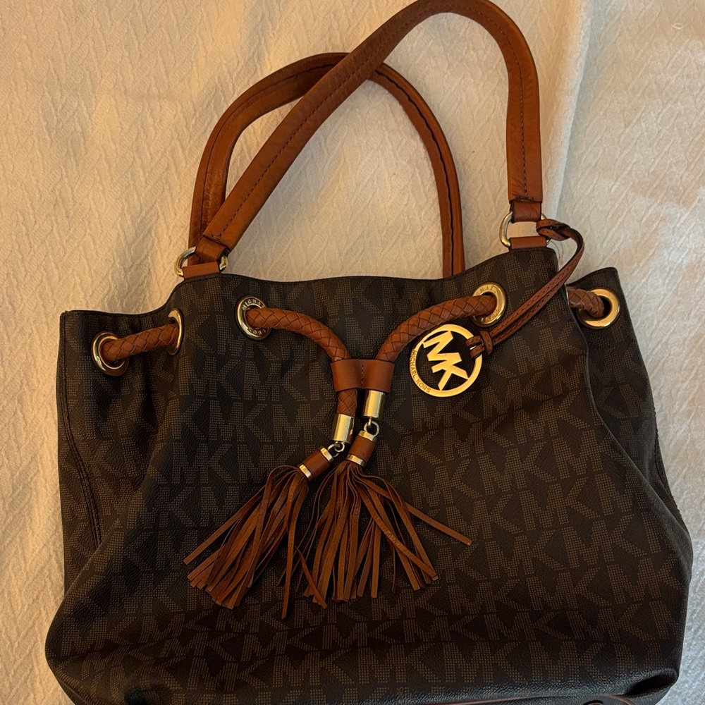 Michael Kors Brown & Dark Brown Logo Tassel Drawstring Tote
